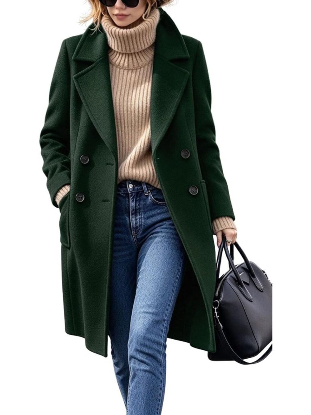 Women's Green Notch Collar Long Sleeve Double Breasted Long Wool Pea Coats